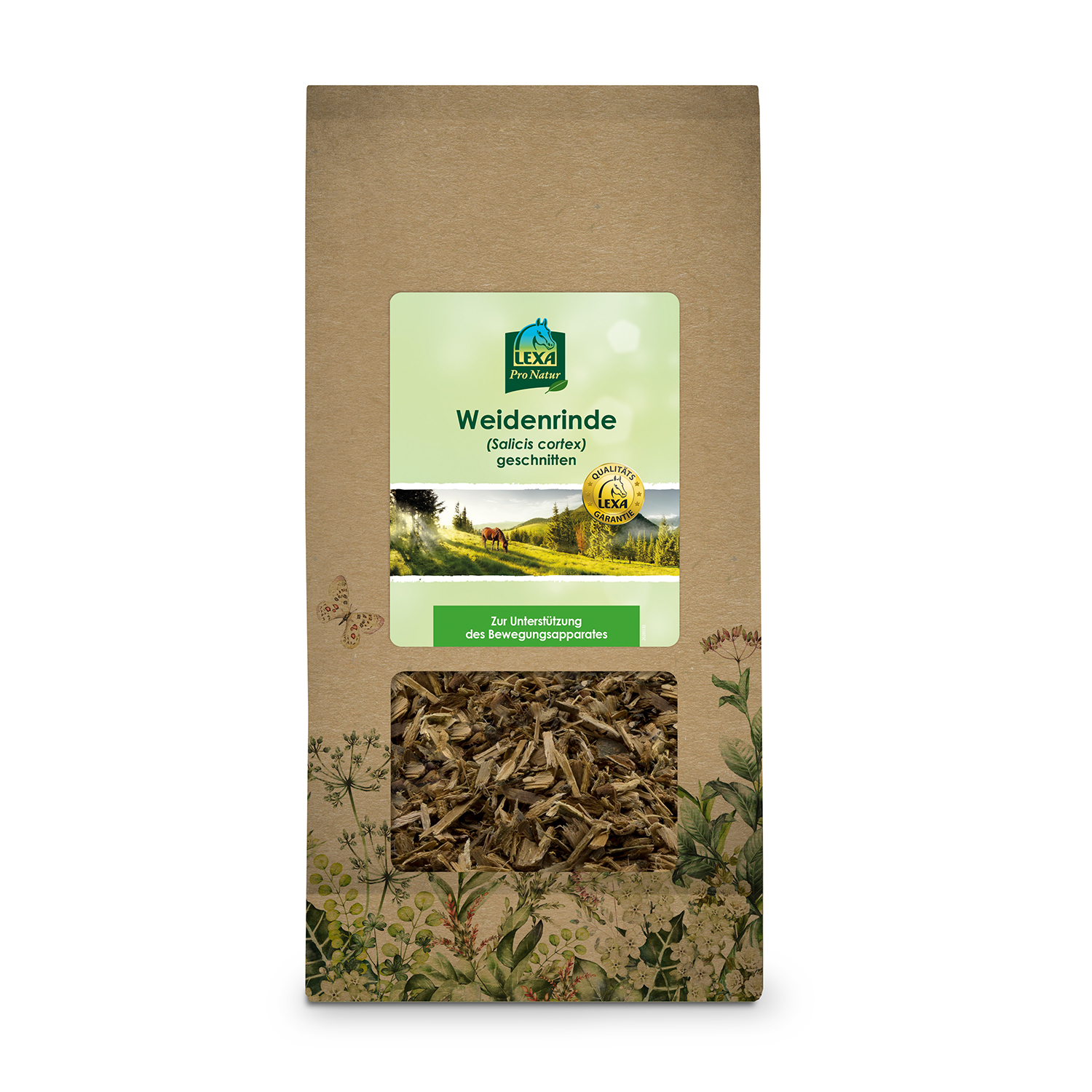 Weidenrinde Verpackung Verpackung von Weidenrinde (Salix cortex) in braunem Papierbeutel, mit grüner Etikette und Abbildung einer Landschaft.