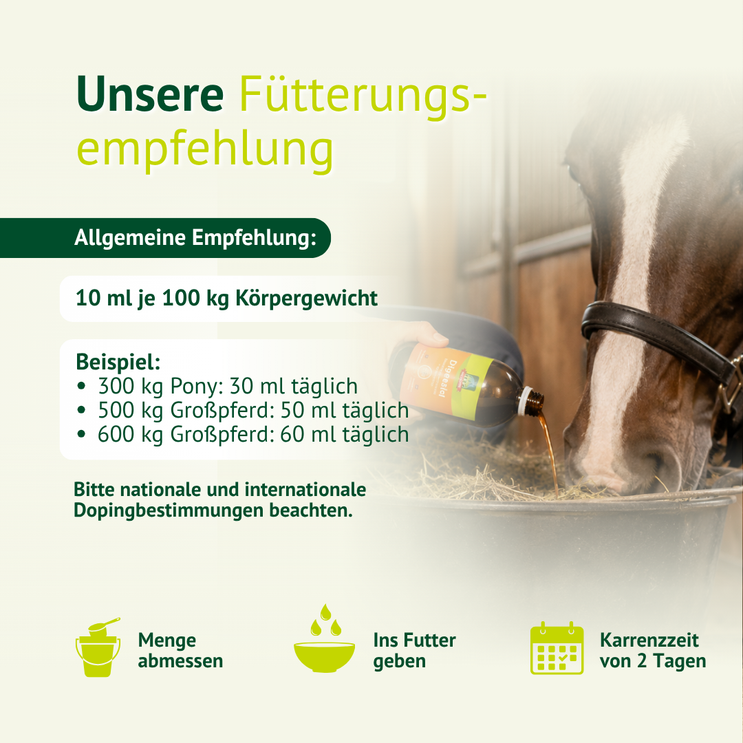 Fütterungsempfehlung für LEXA Digestol: 10 ml je 100 kg Körpergewicht ins Futter geben, mit 2 Tagen Karenzzeit.
