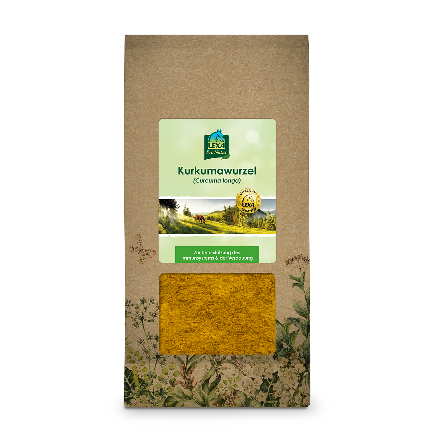 Kurkumawurzelpulver von LEXA Braune Papiertüte mit Kurkumawurzelpulver mit Sichtfenster