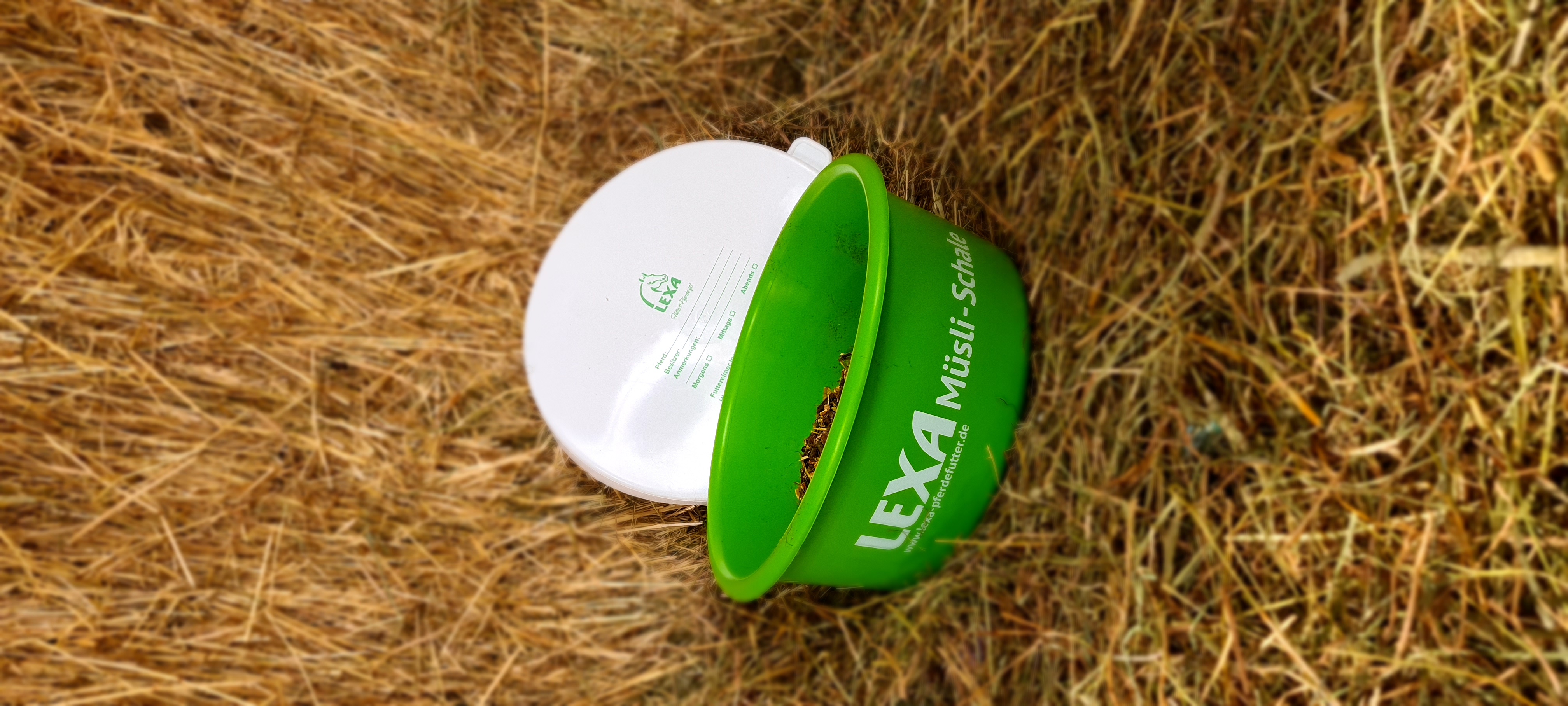 LEXA Müsli-Schale Eimer Grüner Eimer mit der Aufschrift 'LEXA Müsli-Schale', gefüllt mit Müsli, auf trockenem Gras.