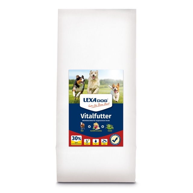 LEXA dog Vitalfutter Hundefutter von LEXA dog in einer weißen Verpackung mit 30% Fleischanteil und Bildern von verschiedenen Hunden.