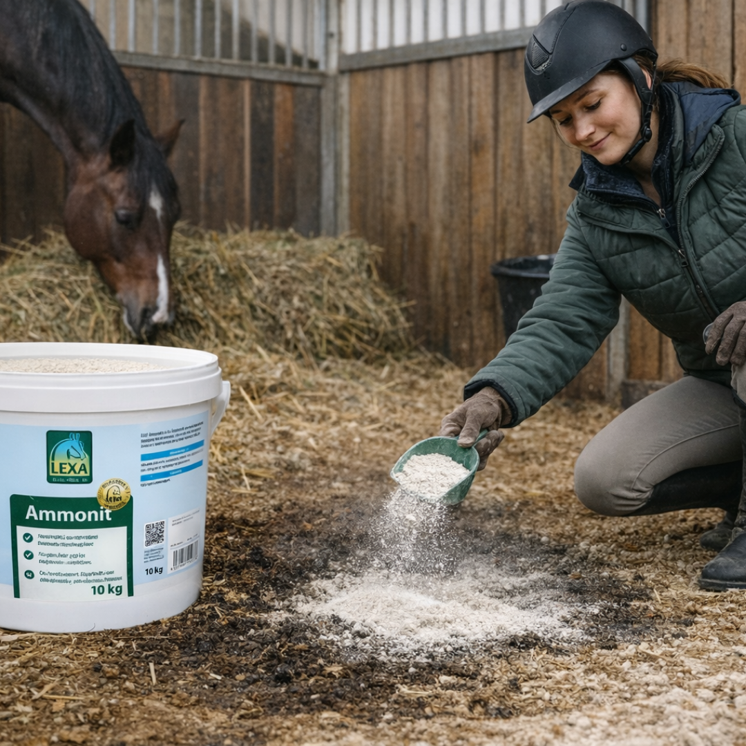 Anwendung von LEXA Ammonit im Pferdestall – Einstreupulver wird auf feuchte Einstreu gestreut, Pferd im Hintergrund