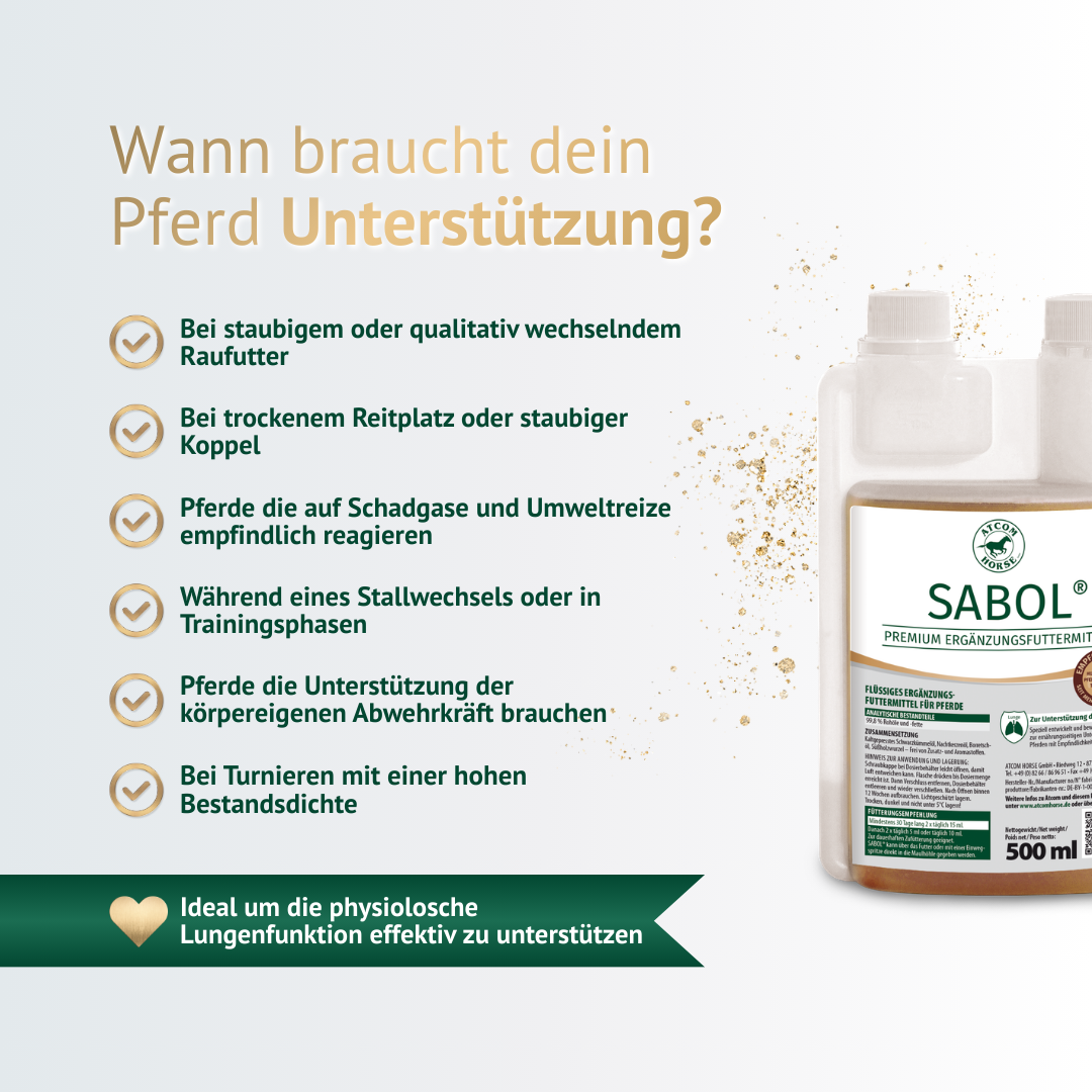 ATCOM SABOL bei staubigem Raufutter, trockenen Reitplätzen und erhöhter Atemwegsbelastung beim Pferd