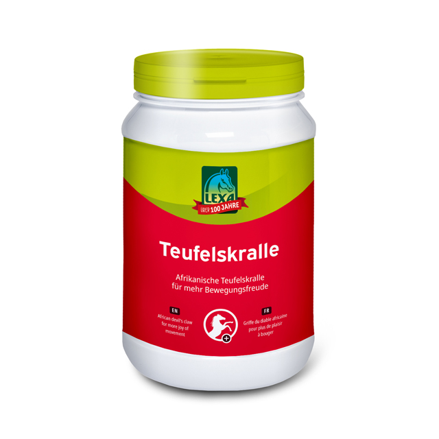 LEXA Teufelskralle Teufelskralle in einer weißen Dose (Kunststoff) mit grünem Deckel und rotem Etikett.