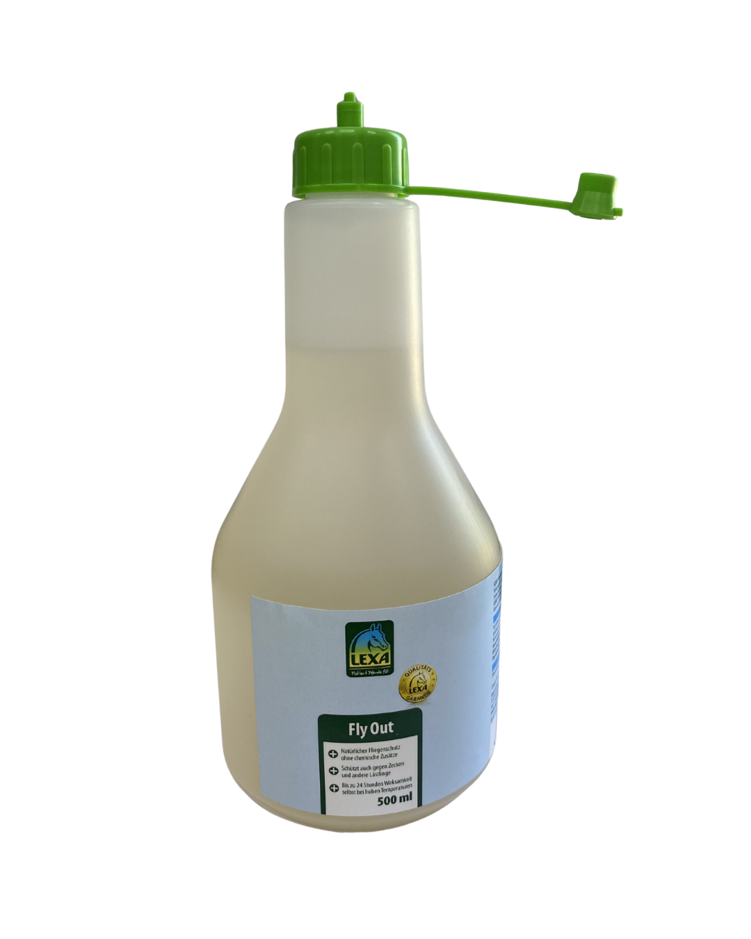 Flasche mit 500 ml LEXA Fly Out, einem Insektizid zur Bekämpfung von Fliegen.