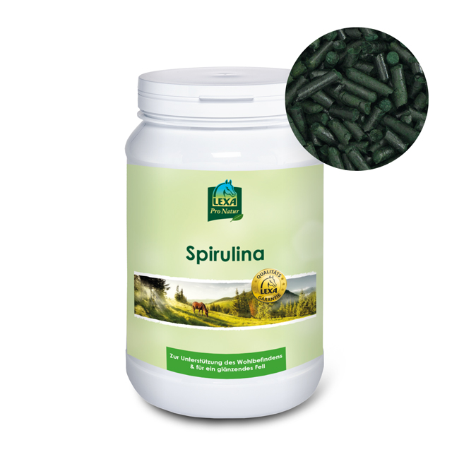 Spirulina-Pellets LEXA Pro Natur Spirulina Pulver in einem weißen Behälter, zur Unterstützung des Wohlbefindens.