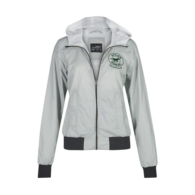 Graue Jacke mit Kapuze, gesticktem Logo auf der linken Brustseite, elastischen Bündchen.