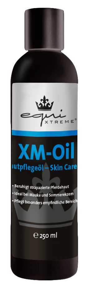 XM-Oil Hautpflege von eqi Xtreme Schwarze Flasche mit 250 ml XM-Oil von eqi Xtreme, für Hautpflege und Beruhigung von strapazierter Pferdehaut.