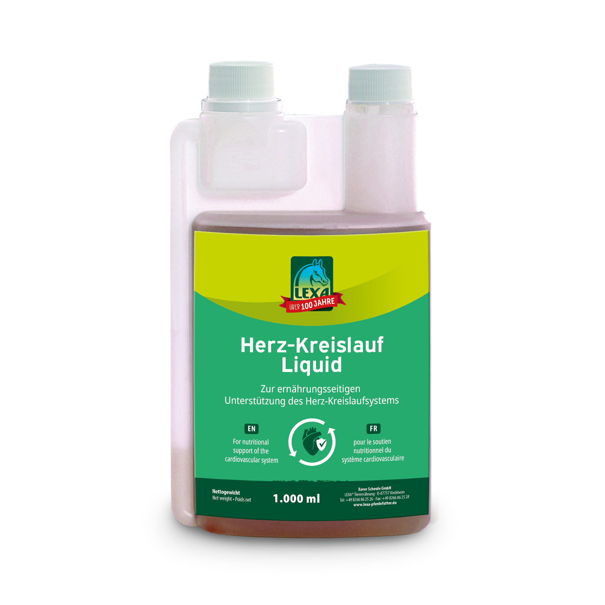Herz-Kreislauf-Elixier von LEXA Pro Nature in einer transparenten Flasche, mit grüner Etikette und Landschaftsbild im Hintergrund.