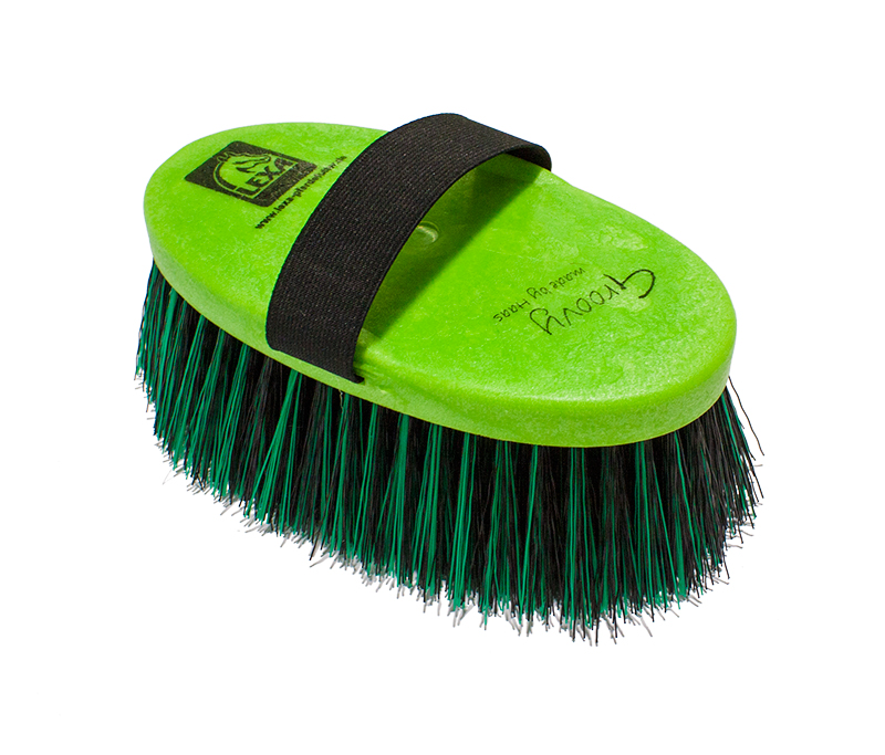 Grüne Putzbürste Grüne Putzbürste mit schwarzem Griff und langen Borsten, geeignet für die Reinigung.
