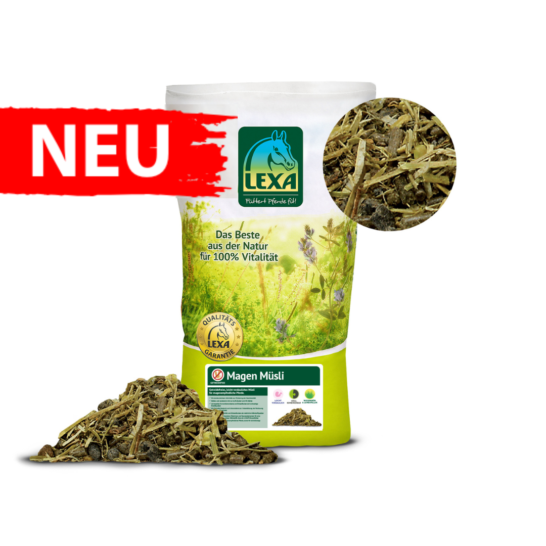 LEXA Magen Müsli für Pferde, grüne Verpackung mit Logo, daneben eine Portion Müsli. Und einer roten Banderole mit der Aufschrift "NEU" LEXA Magen Müsli für Pferde, grüne Verpackung mit Logo, daneben eine Portion Müsli. Und einer roten Banderole mit der Aufschrift "NEU"