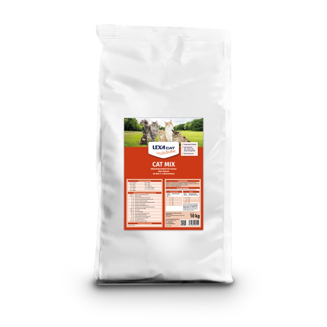 LEXA Cat Mix Katzenfutter 10 kg 10 kg Sack mit Katzenfutter von LEXA Cat, auf dem Etikett sind Katzen abgebildet und Nährstoffinformationen angegeben.