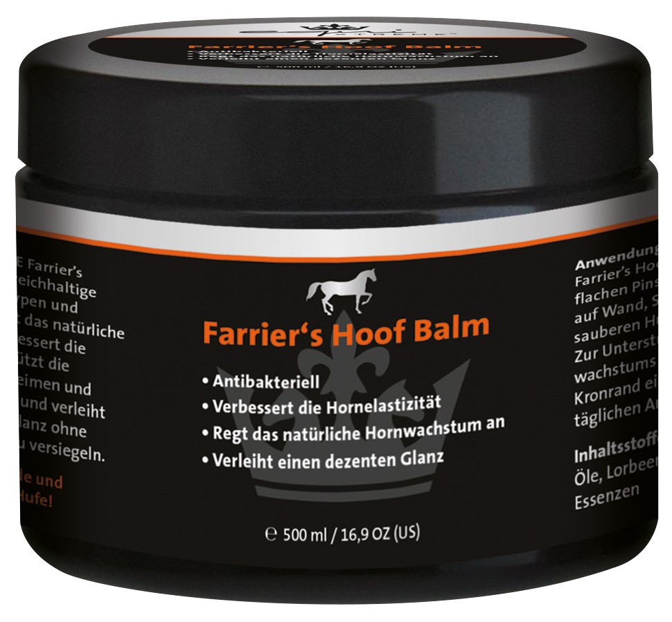 Farrier's Hoof Balm - Hufbalsam für Pferde Farrier's Hoof Balm in einem schwarzen Behälter, 500 ml, mit antibakteriellen Eigenschaften und zur Verbesserung der Hornelastizität.