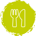 Essen-Symbol Symbol für Essen mit Gabel und Messer in einem grünen Kreis.