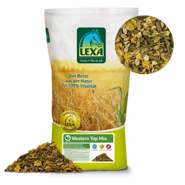 LEXA Western Top Mix Pferdefutter LEXA Western Top Mix, eine Mischung aus natürlichen Zutaten für die Vitalität von Pferden.