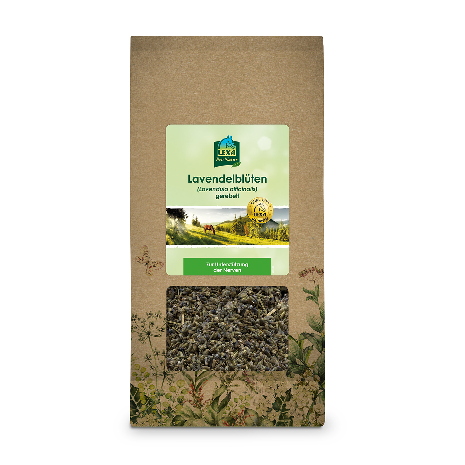 Getrocknete Lavendelblüten Braune Papiertüte mit getrockneten Lavendelblüten, mit Sichtfenster und grünem Etikett. Kräuterillustrationen am Rand der Verpackung.
