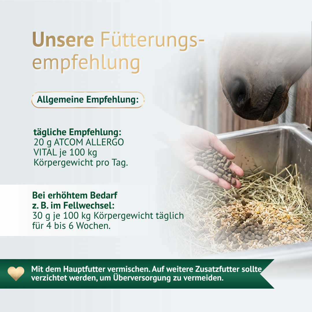 Fütterungsempfehlung für Allergo-Vital: tägliche Menge je nach Körpergewicht und erhöhtem Bedarf beim Pferd.