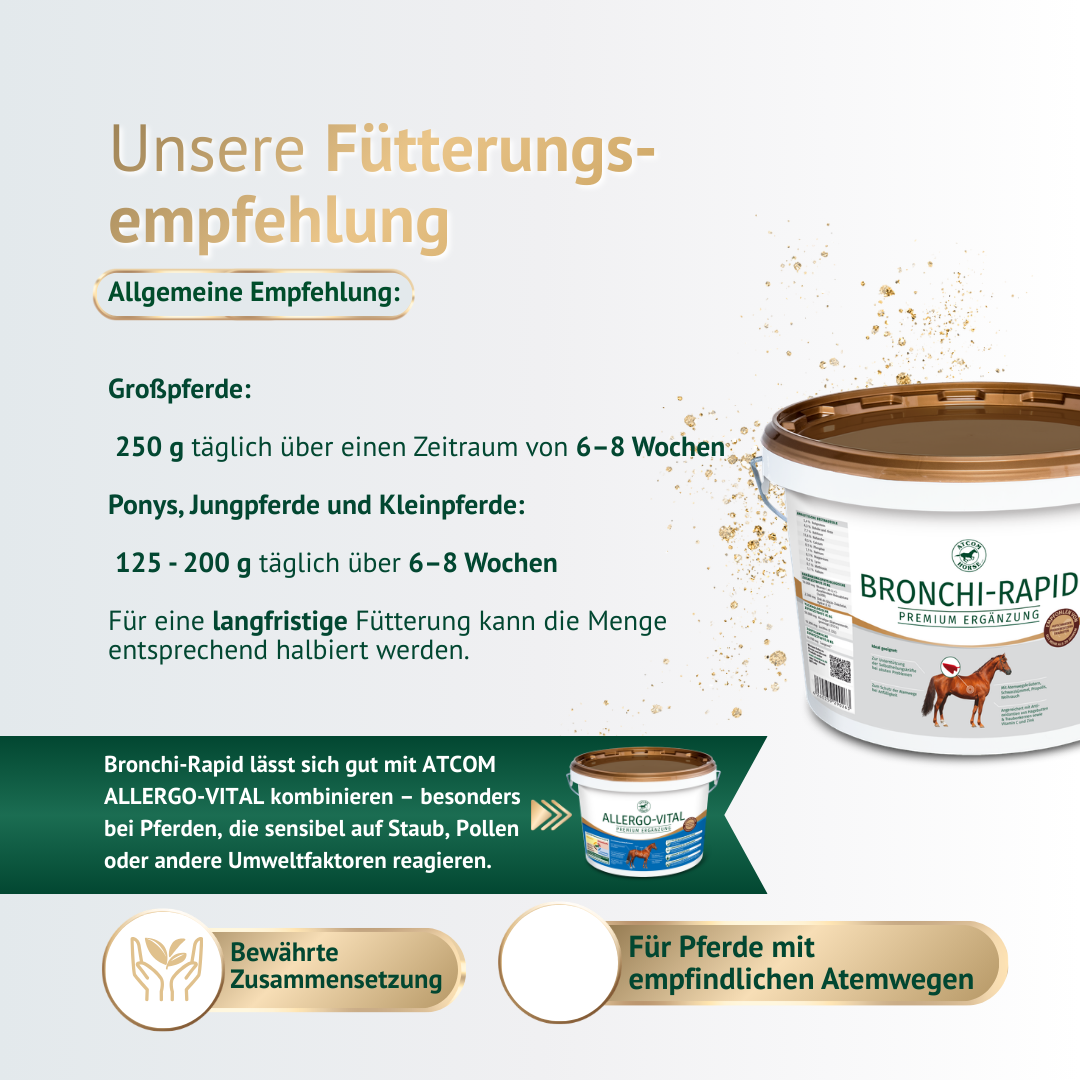 Fütterungsempfehlung für ATCOM Bronchi-Rapid Ergänzungsfutter für Pferde über einen Zeitraum von sechs bis acht Wochen