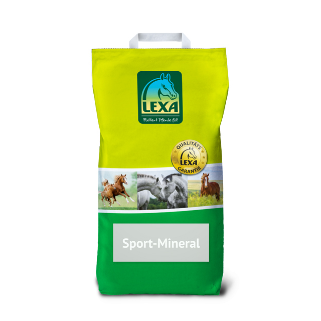 LEXA Sport-Mineral Pferdefutter LEXA Sport-Mineral Pferdefutter  in grünem Beutel (Papier) mit Bildern von Pferden.