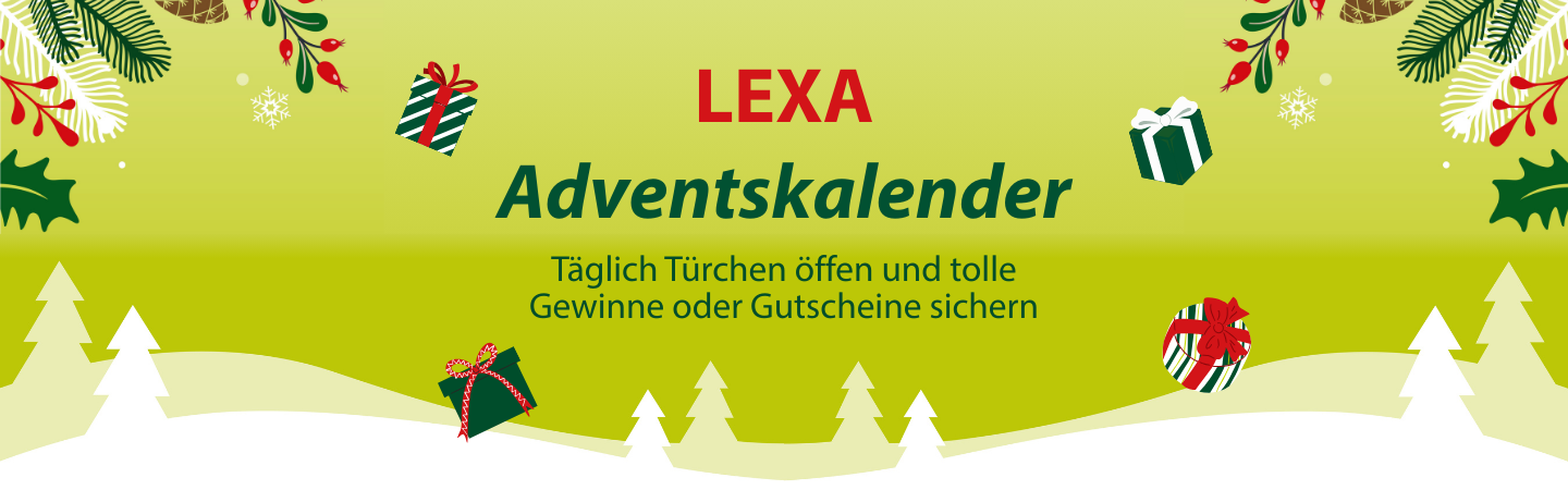 Banner für den LEXA Adventskalender auf einem leuchtend grün-gelben Hintergrund. Oben und unten sind weihnachtliche Dekorationen wie Tannenzweige, Beeren und ein stilisierter Schneemann mit Schal und Weihnachtsmütze zu sehen.