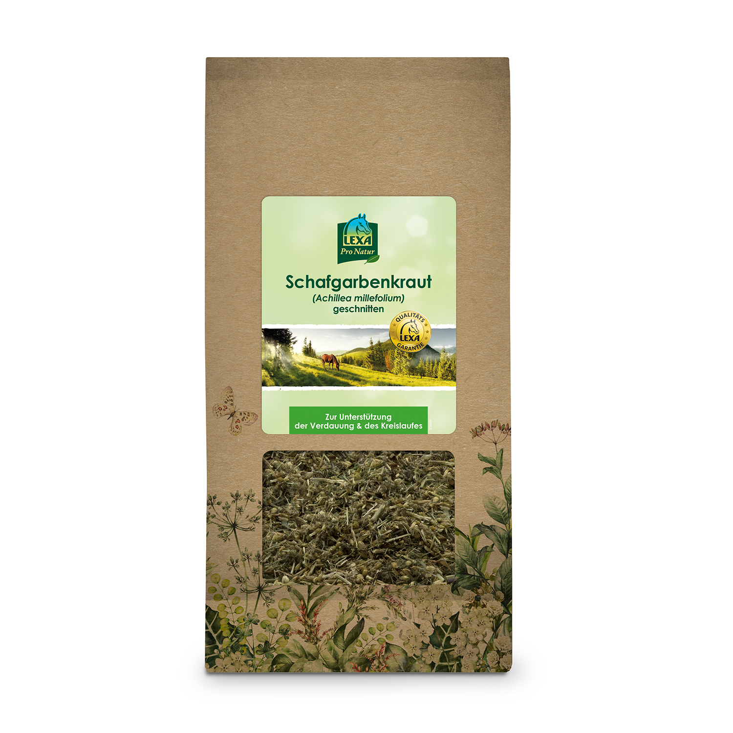 Schafgarbenkraut  Braune Papiertüte mit Schafgarbenkraut, mit Sichtfenster und grünem Etikett. Kräuterillustrationen am Rand der Verpackung.