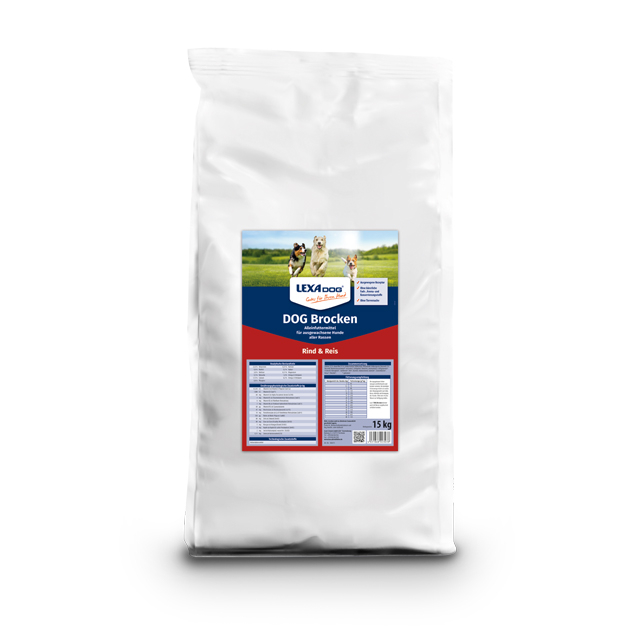 LEX4dog Hundefutter 15 kg Hundefutter in einer 15 kg Packung von LEX4dog, mit einer Abbildung von Hunden auf der Vorderseite.