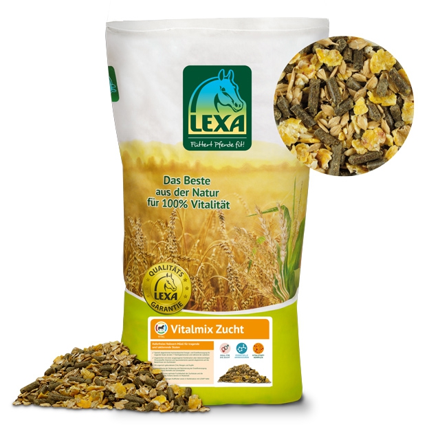 LEXA Vitalmix Zucht Futter LEXA Vitalmix Zucht, eine Mischung aus verschiedenen Saaten und Futterbestandteilen für Tiere, in einer großen Verpackung.