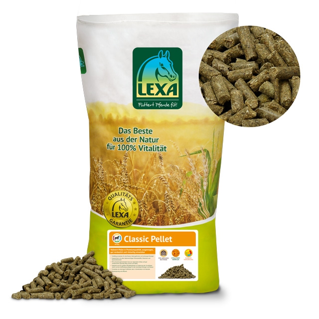 LEXA Classic Pellet Tierfutter LEXA Classic Pellet, Futter für Tiere, in einer grünen Verpackung mit einer Nahaufnahme der Pellets.