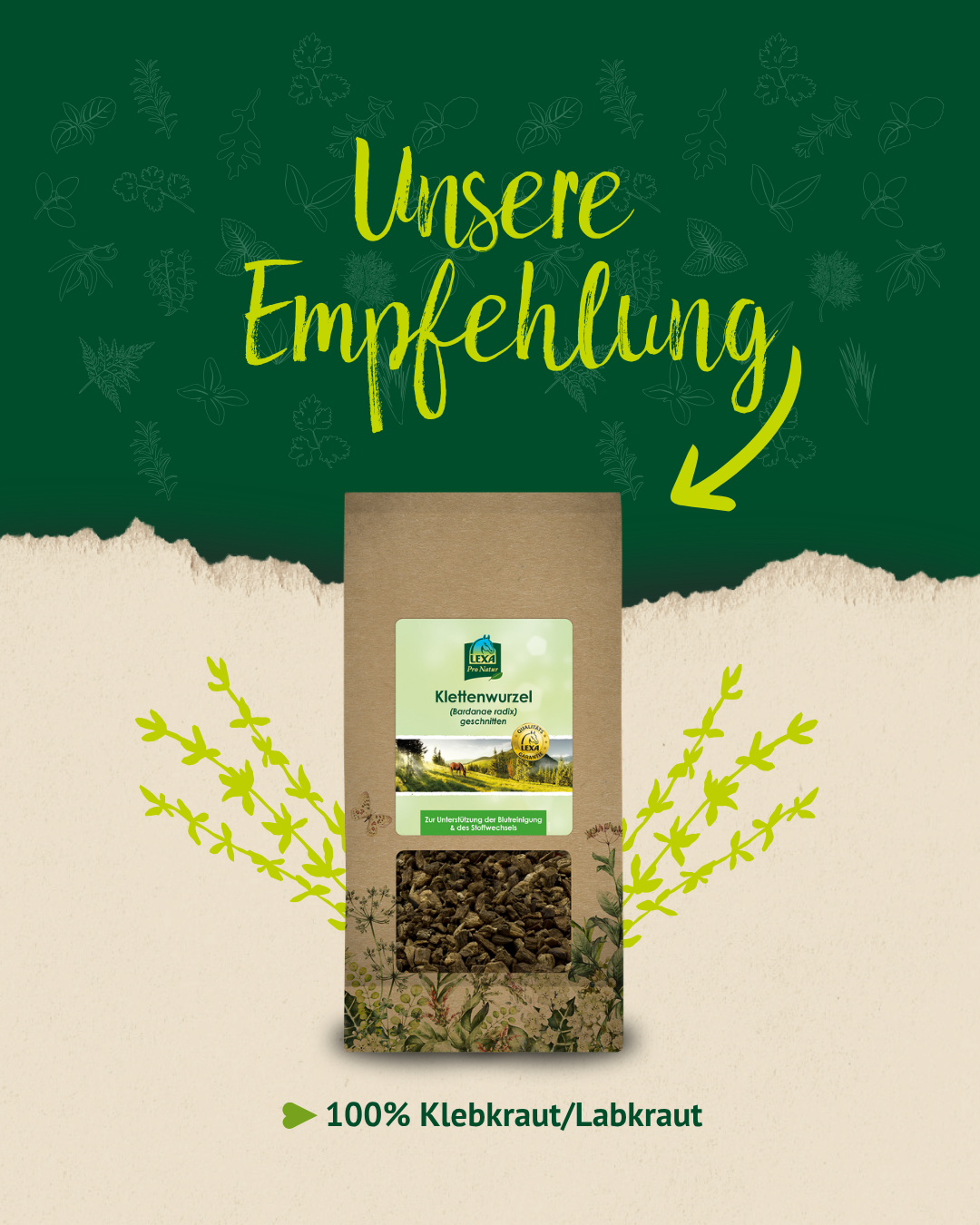 Produktabbildung eines Klebkraut/Labkraut-Futters mit Hinweis „Unsere Empfehlung“ und 100 % Klebkraut/Labkraut.