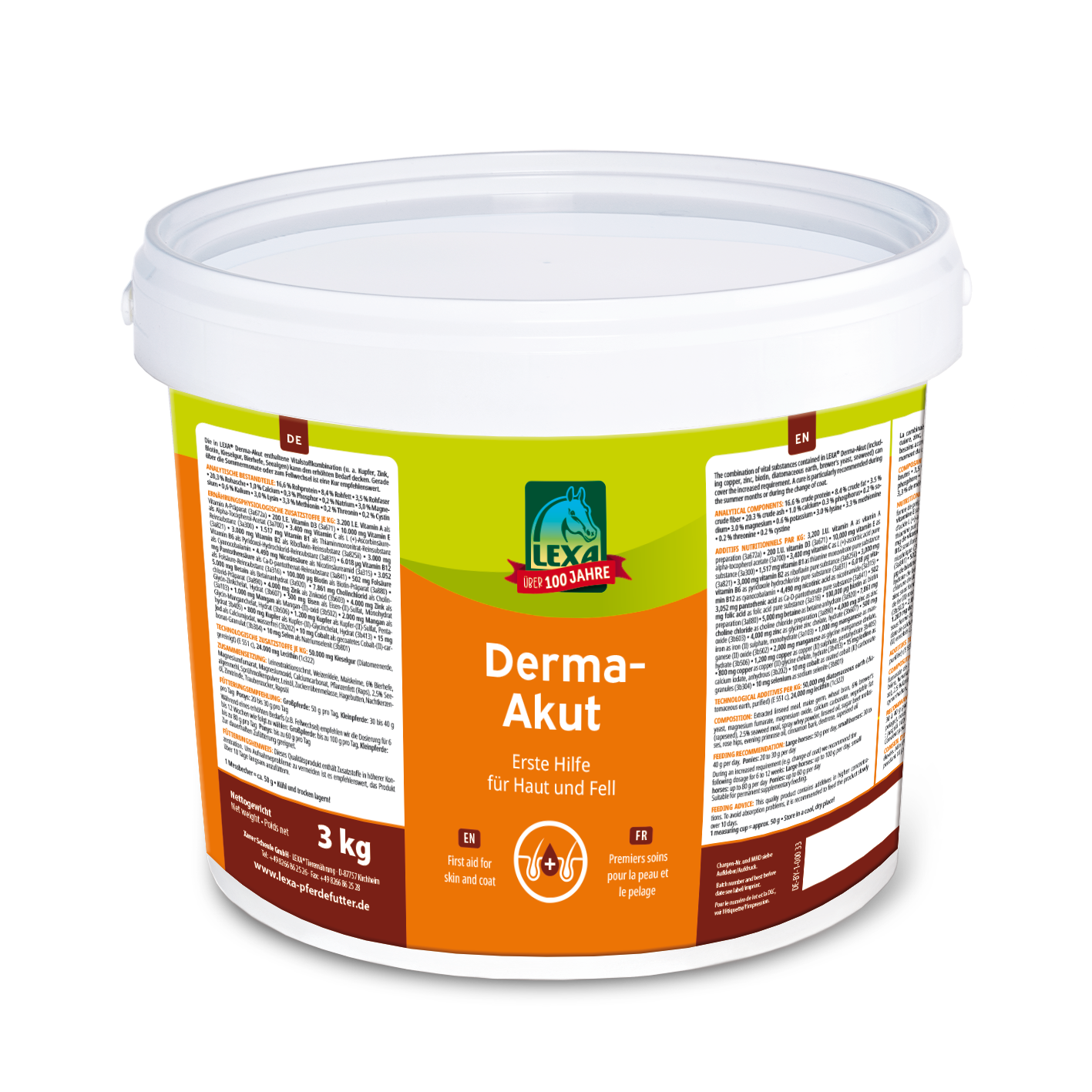 Derma-Akut Haut- und Fellpflege Eimer Eimer mit Derma-Akut, 3 kg, Erste Hilfe für Haut und Fell, orange-weiße Verpackung mit mehrsprachigen Informationen.