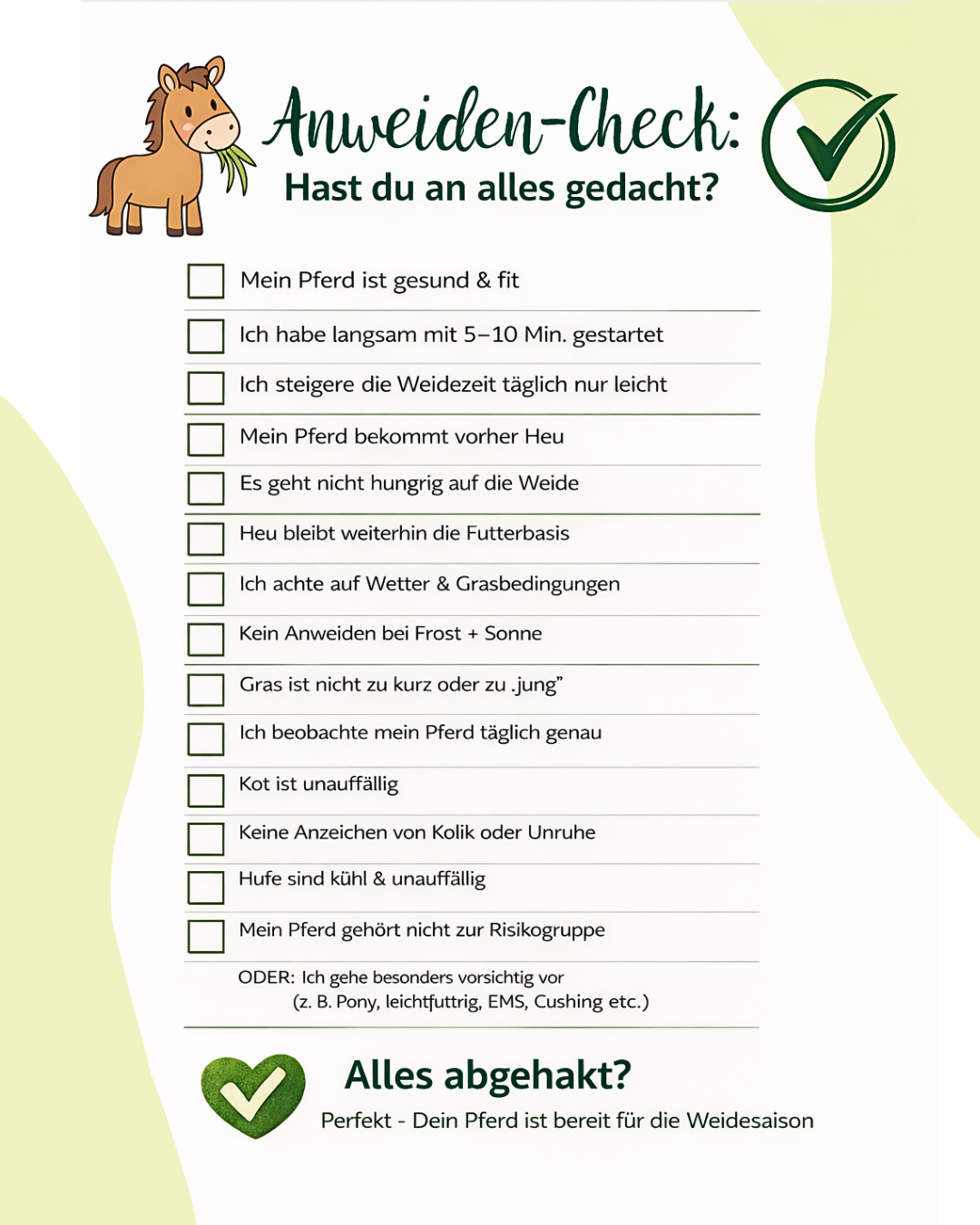 Infografik zu Risikopferden beim Anweiden wie Ponys, leichtfuttrige Pferde und stoffwechselempfindliche Pferde