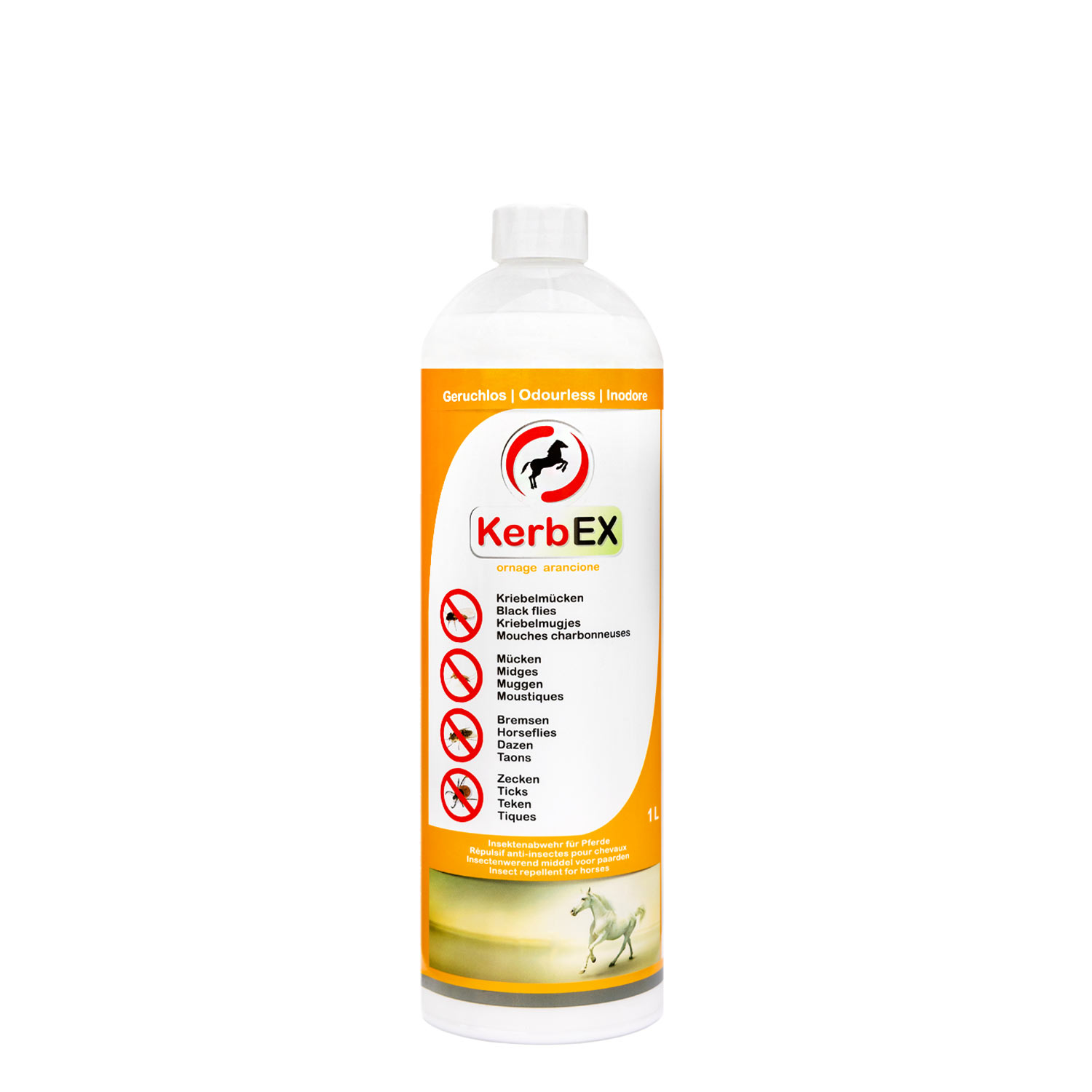 KerbEX Insektenschutzmittel in einer 1-Liter-Flasche, orange mit Warnsymbolen.