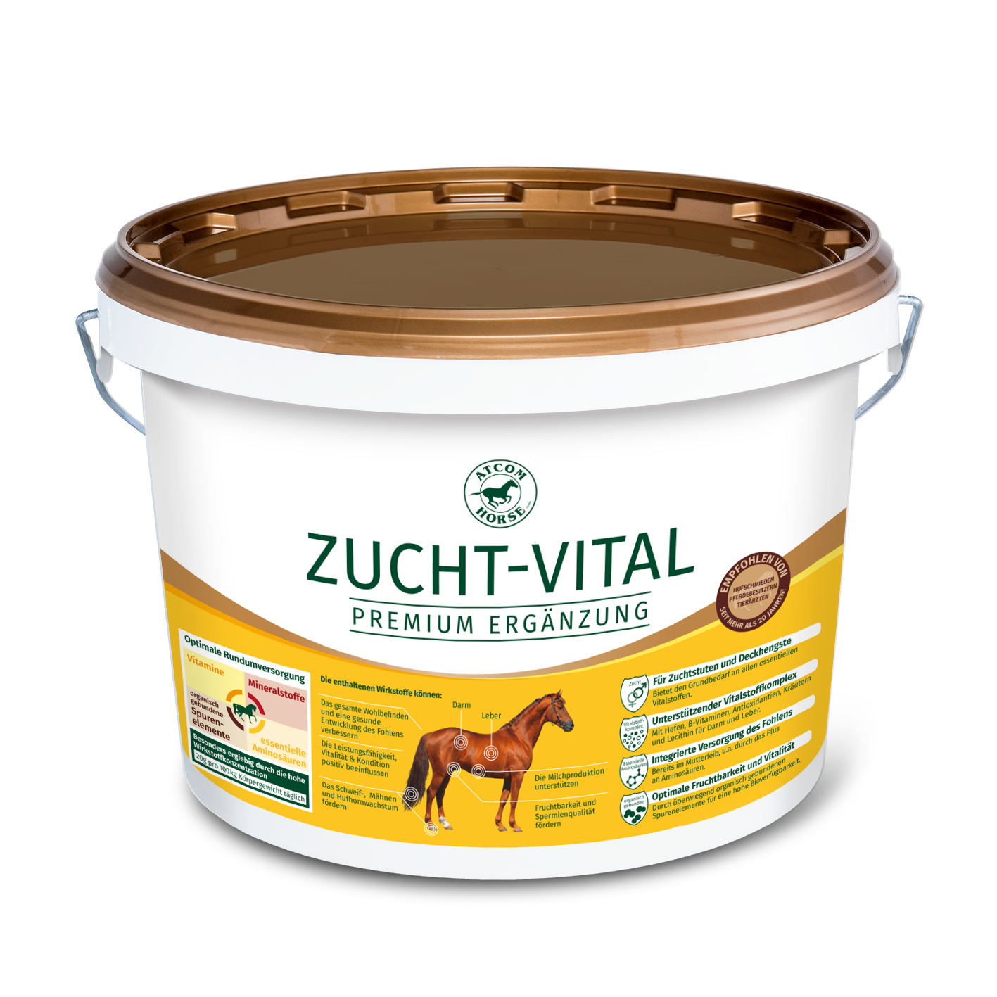 Zucht-Vital Premium Ergänzung für Pferde Eimer mit Zucht-Vital, einem Premium-Ergänzungsfuttermittel für Pferde, mit gelbem und weißem Design.