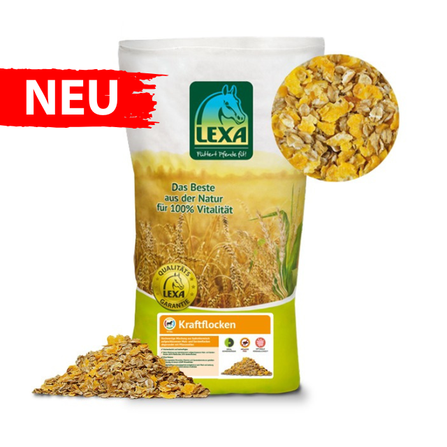 LEXA Kraftflocken - neues Produkt LEXA Kraftflocken, ein neues Produkt aus 100% natürlichen Zutaten, in einer gelben Verpackung mit einer Abbildung der Flocken.