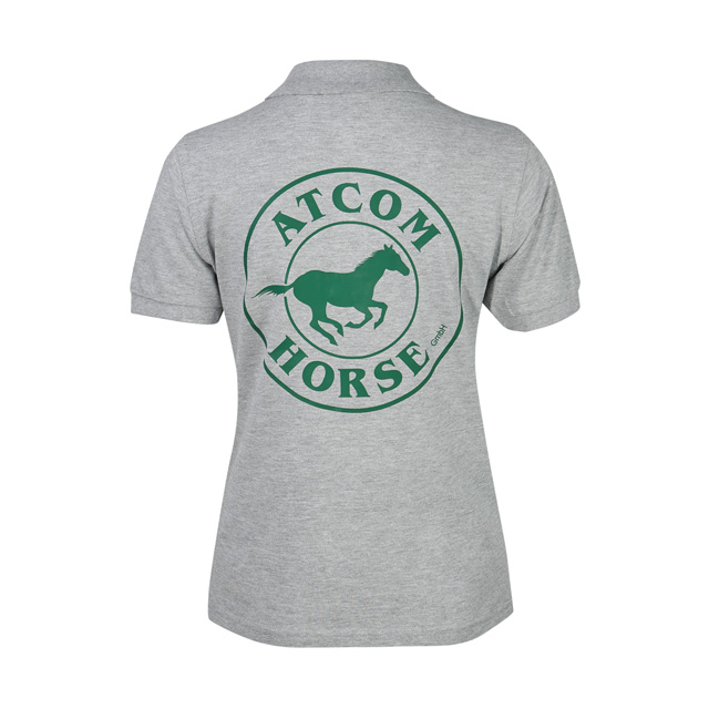 Graues T-Shirt mit grünem Aufdruck eines Pferdes und dem Text 'ATCOM HORSE' auf der Rückseite.