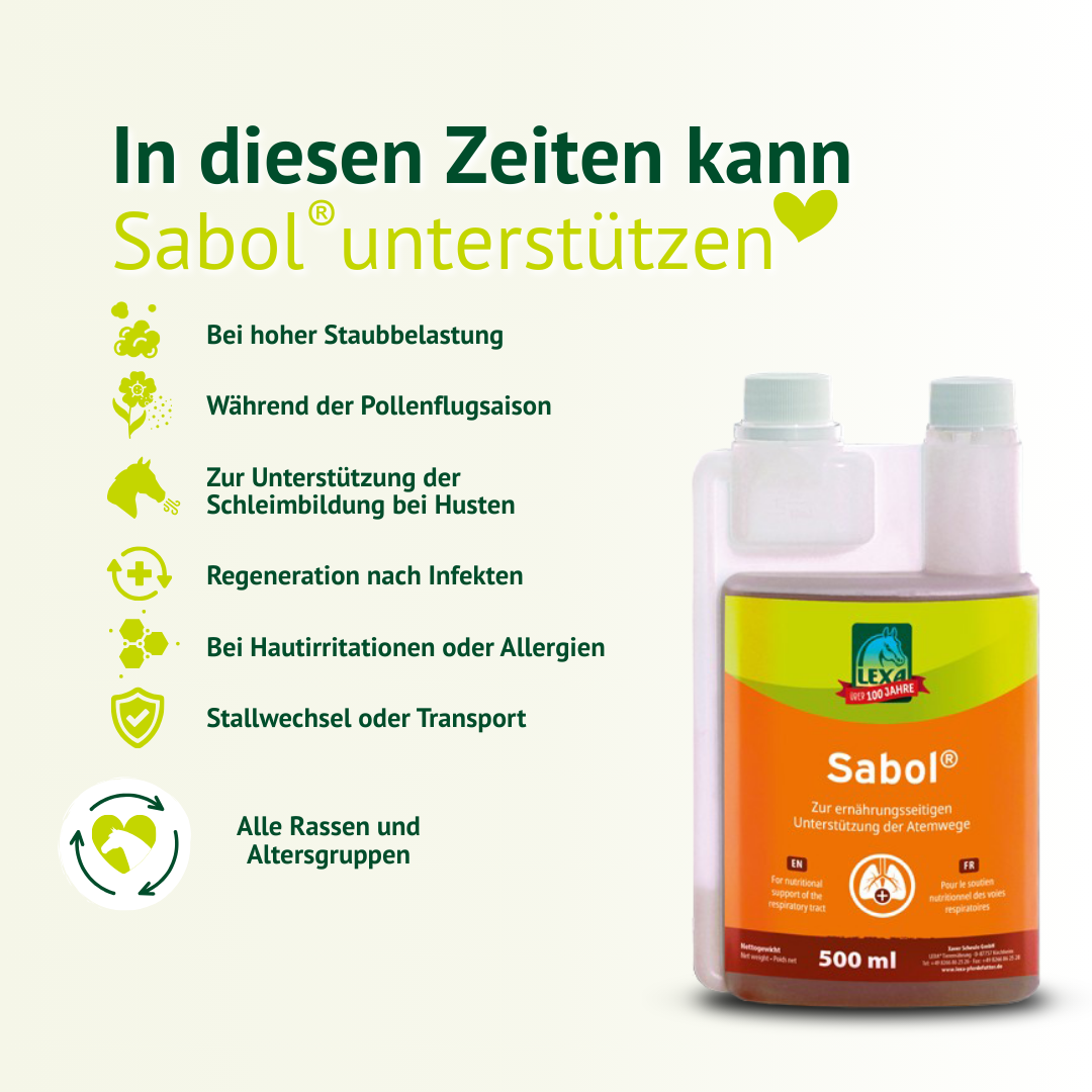 Sabol® unterstützt Pferde bei Staubbelastung, Pollenflug und nach Infekten – geeignet für alle Rassen und Altersgruppen.