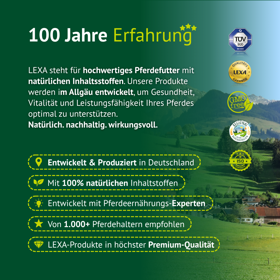 100 Jahre Erfahrung Pferdefutter – natürliche Inhaltsstoffe, entwickelt in Deutschland, höchste Qualität für Pferde