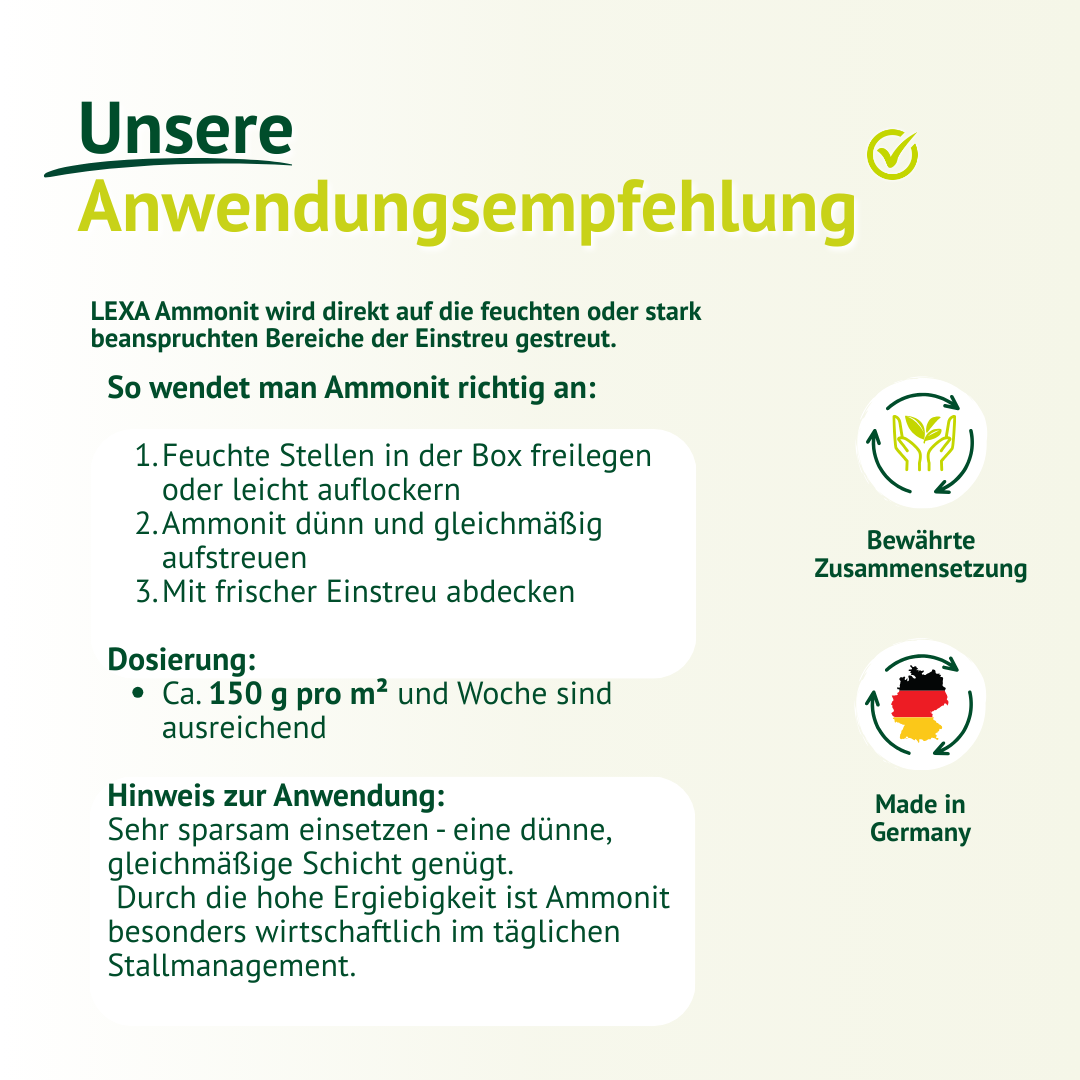 Anwendungsempfehlung für LEXA Ammonit – Einstreupulver gleichmäßig auf feuchte Stellen streuen, ca. 150 g pro m²