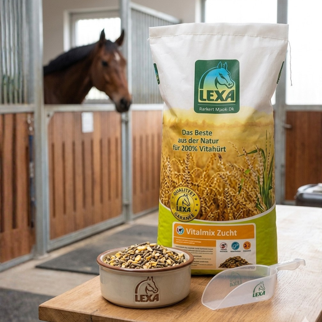 Vitalmix Zucht Pferdefutter im Stall mit Pferd im Hintergrund und Futterschale