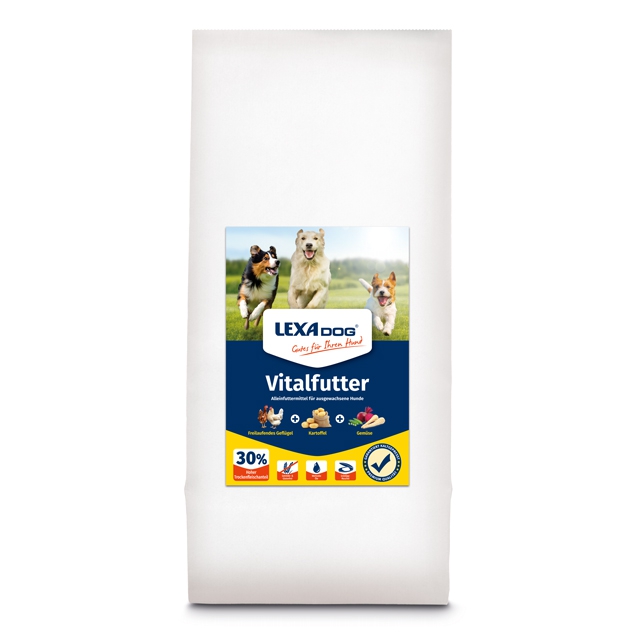 Hundefutter von LEXA4dog in einer weißen Verpackung mit 30% Fleischanteil und Bildern von spielenden Hunden.