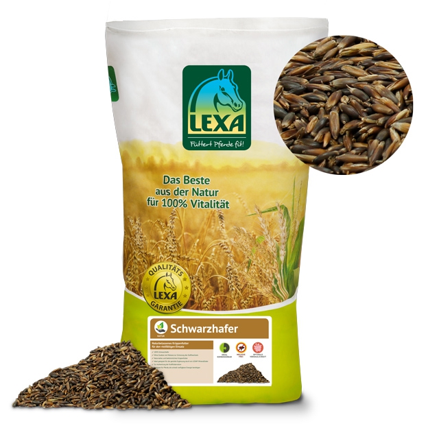 LEXA Schwarzhafersamen Verpackung von LEXA Schwarzhafersamen mit einer Detailansicht der Körner.