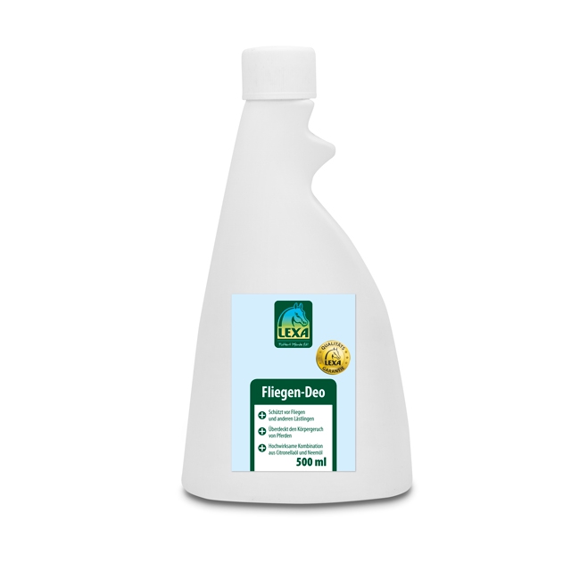 LEXA Fliegen-Deo 500 ml Fliegen-Deo von LEXA in einer weißen 500 ml Flasche, geeignet zur Bekämpfung von Fliegen.